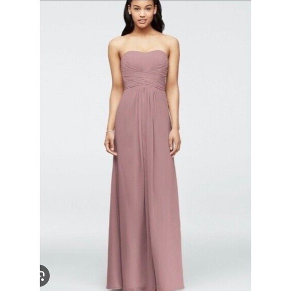 Mauve Long Strapless Chiffon Dress with pleated bodice - Picture 1 of 8
